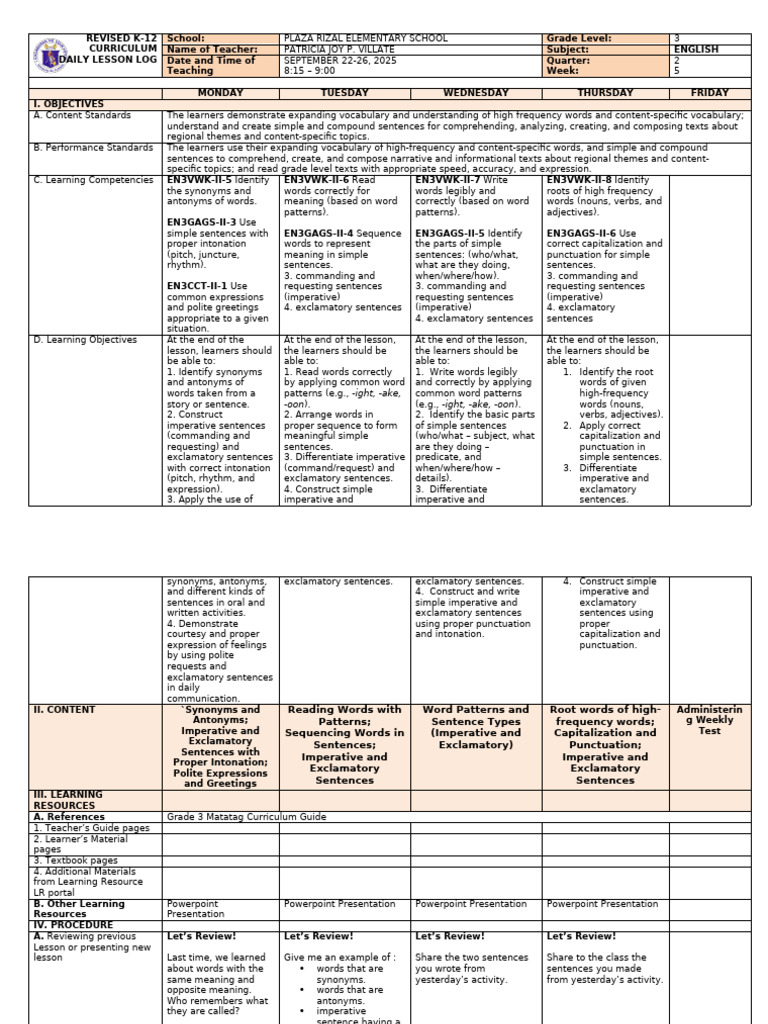 Grade 3 English Lesson Plan | PDF | Sentence (Linguistics) | Word