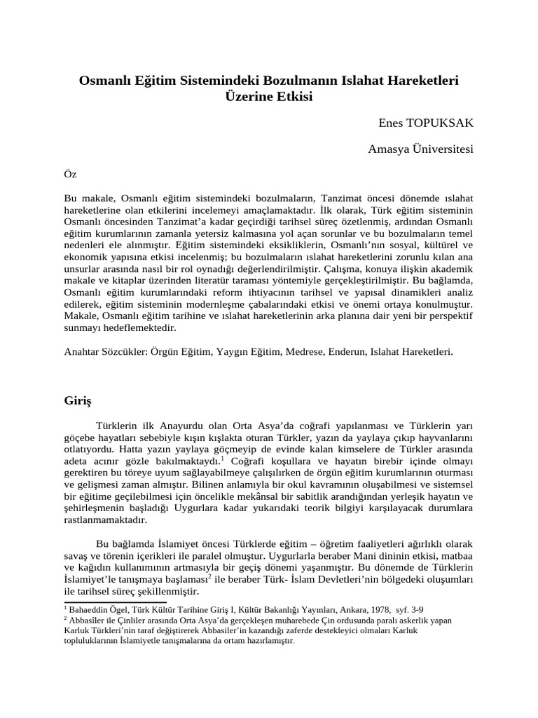 Osmanlı Eğitim Sistemindeki Bozulmanın Islahat Hareketleri Üzerine ...