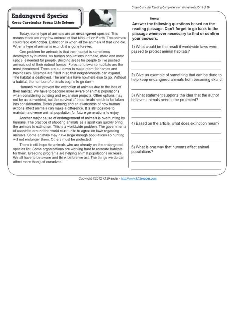 Endangered Species - Reading Comprehension Worksheet | PDF