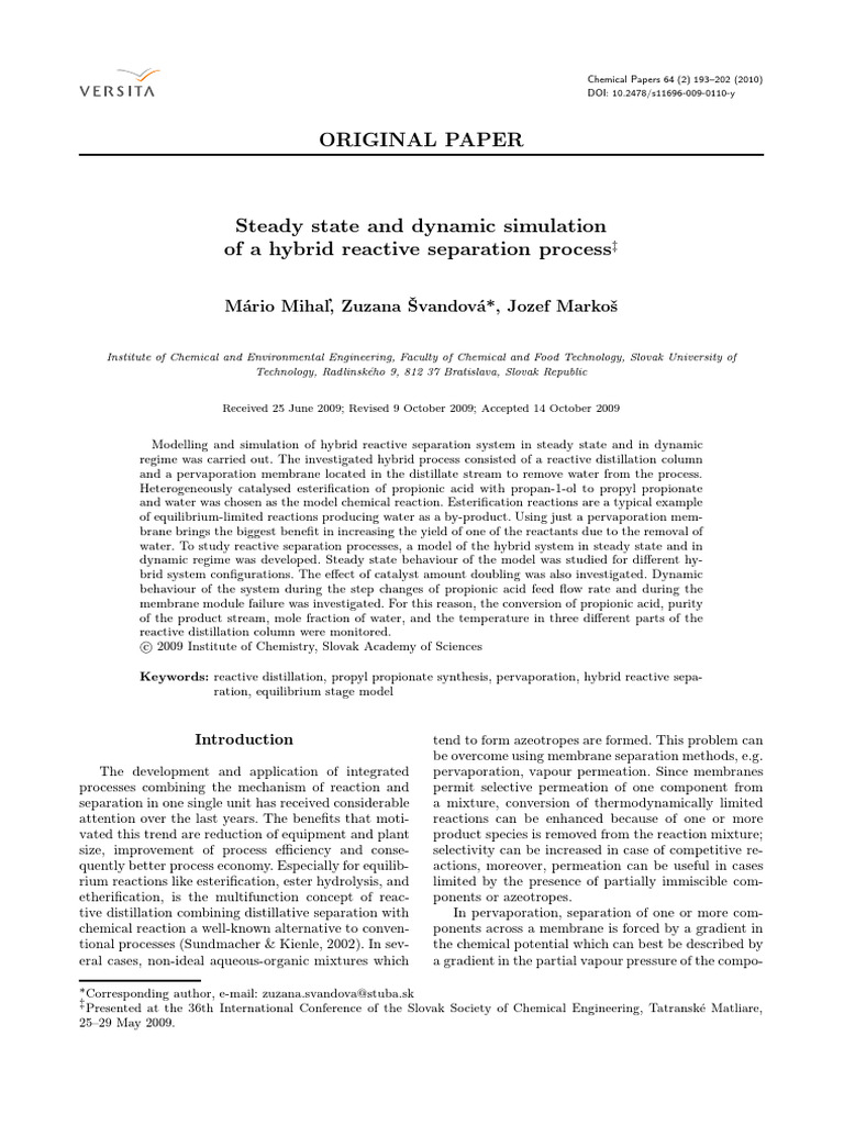 Steady State and Dynamic Simulation | PDF | Distillation | Membrane