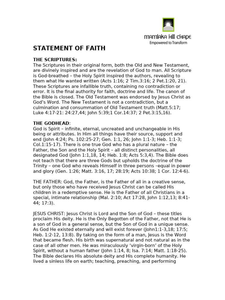 Statement of Faith Overview | PDF | Baptism | God In Christianity