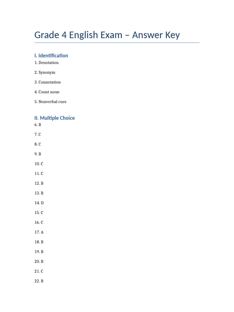 Grade 4 English Exam Answer Key | PDF