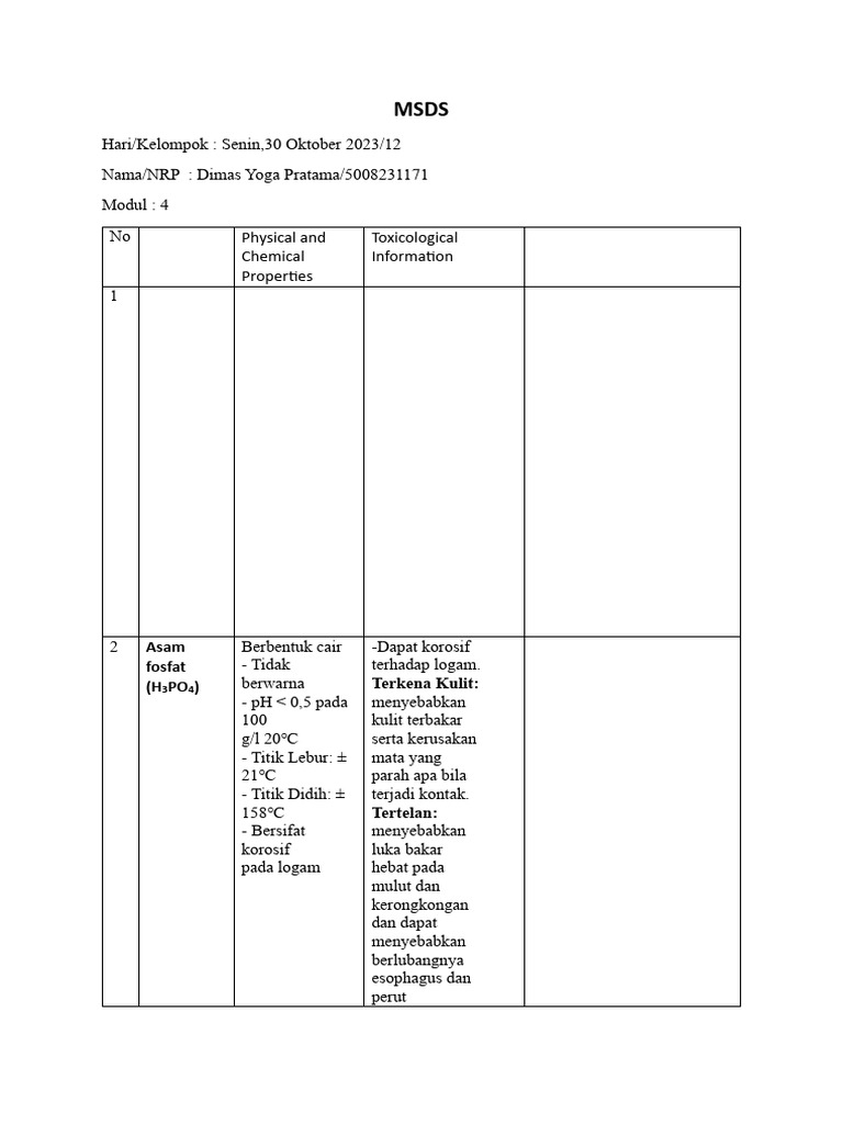 MSDS Bahan Kimia Berbahaya dan Pertolongan Pertama | PDF