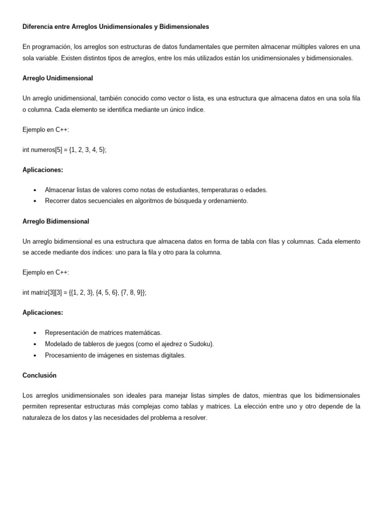 Diferencias entre Arreglos Unidimensionales y Bidimensionales | PDF
