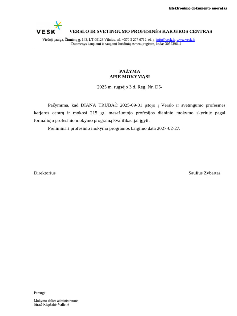 Pažyma Apie Mokymąsi Diana Trubač | PDF