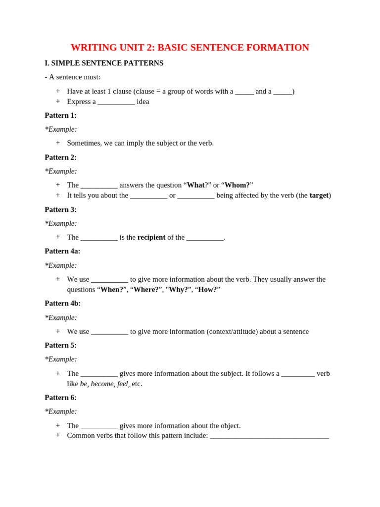 Writing U2 Basic Sentence Formation | PDF | Sentence (Linguistics ...
