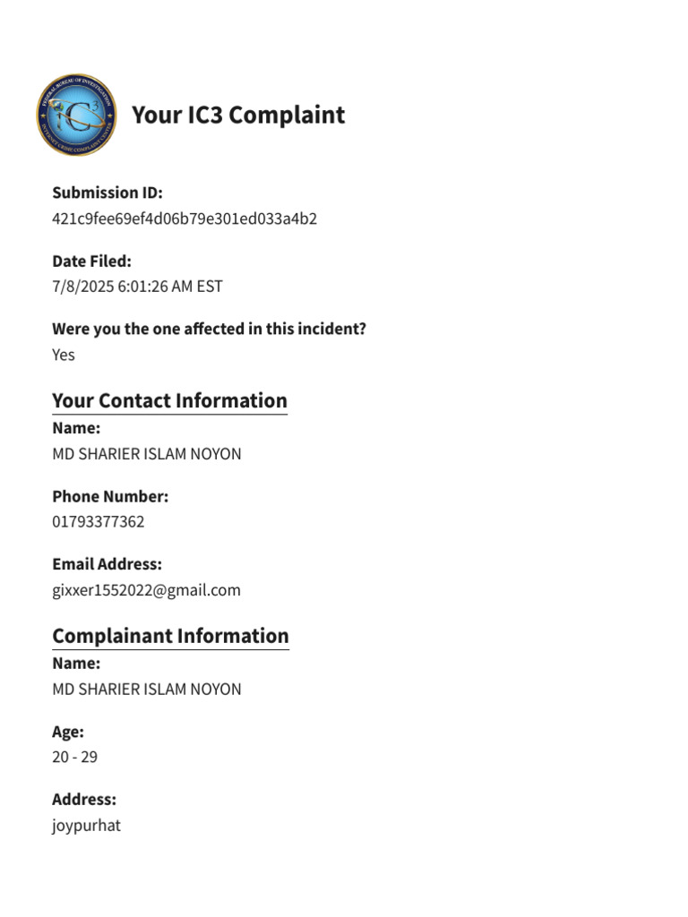 Complaint Submitted11 - Internet Crime Complaint Center (IC3) | PDF ...