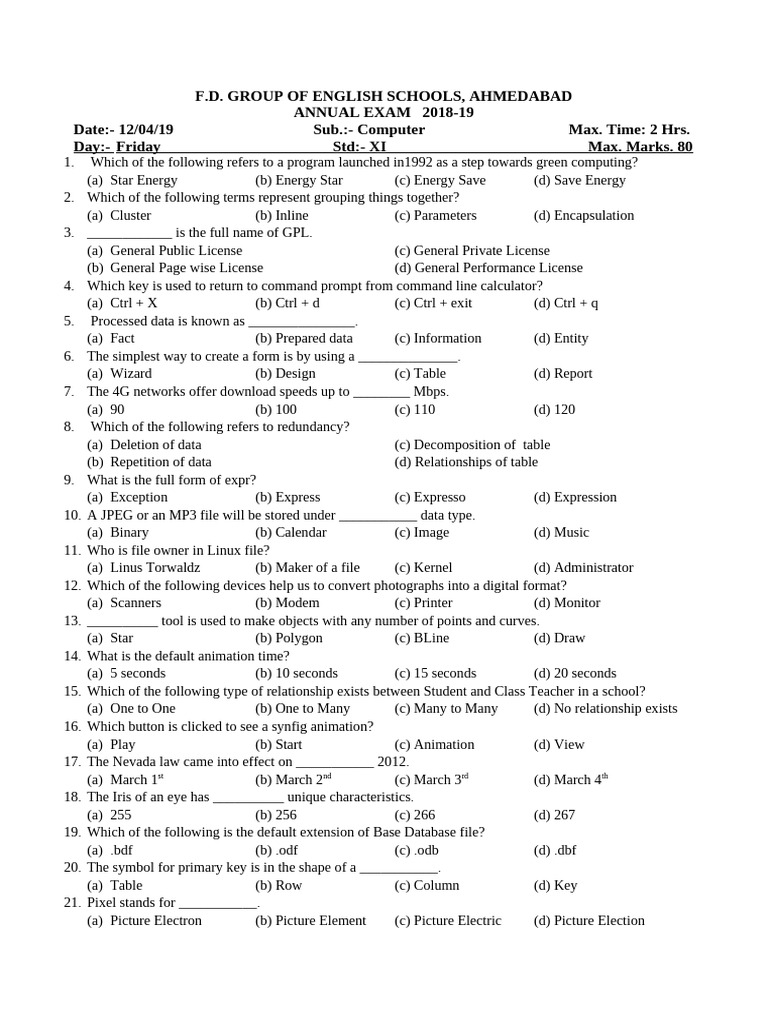 Computer Exam Questions for XI Std | PDF | Relational Database | Ieee ...