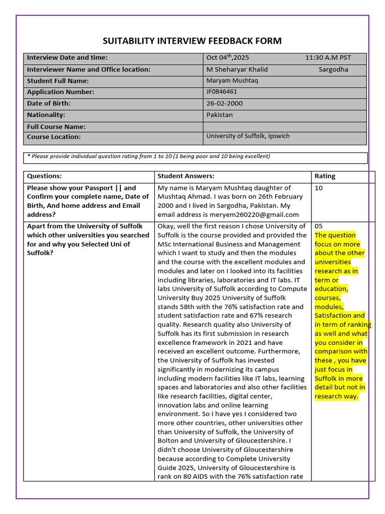 Suitability Interview Feedback Form | PDF | University | Learning