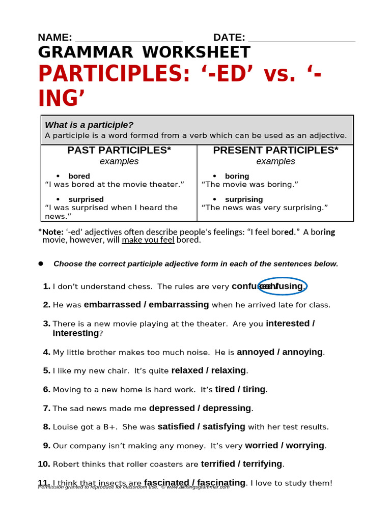 Participles Worksheet: '-ED' vs. '-ING' | PDF
