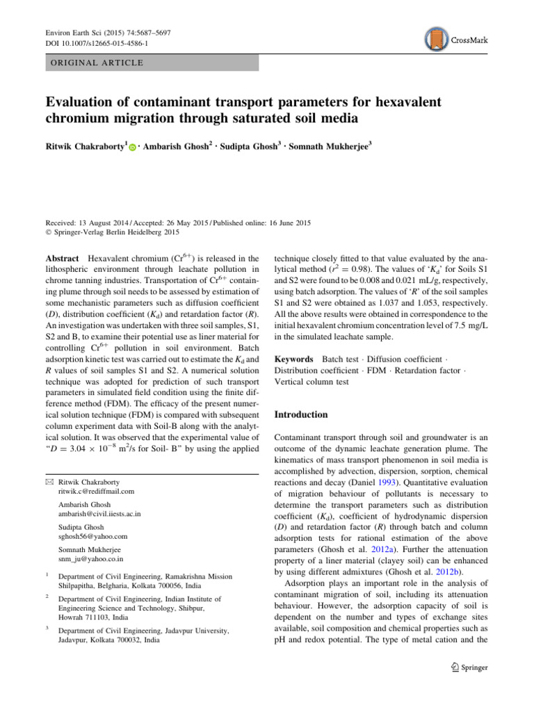 Evaluation of Contaminant Transport Parameters For Hexavalent Chromium ...