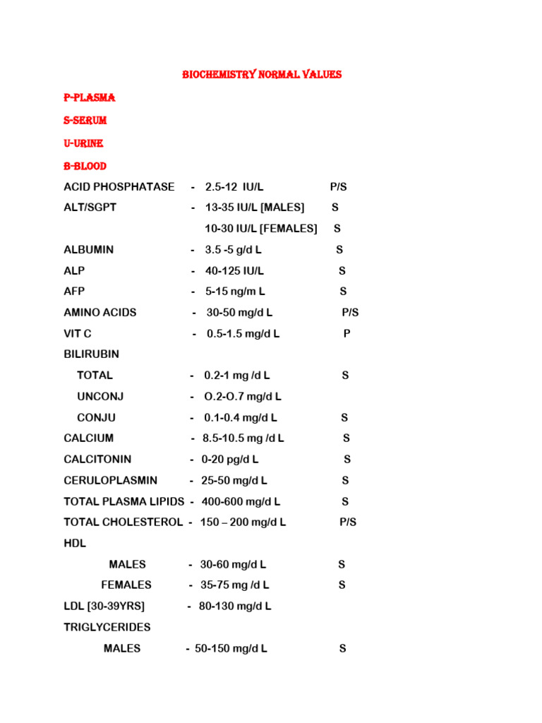 Biochemistry Normal Values | PDF | Cholesterol | Lipid