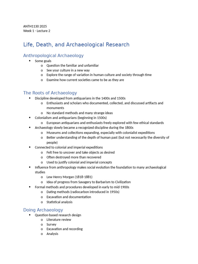Outline ANTH1130 Week 1 pt 2 2025 (1) | PDF | Archaeology | Death