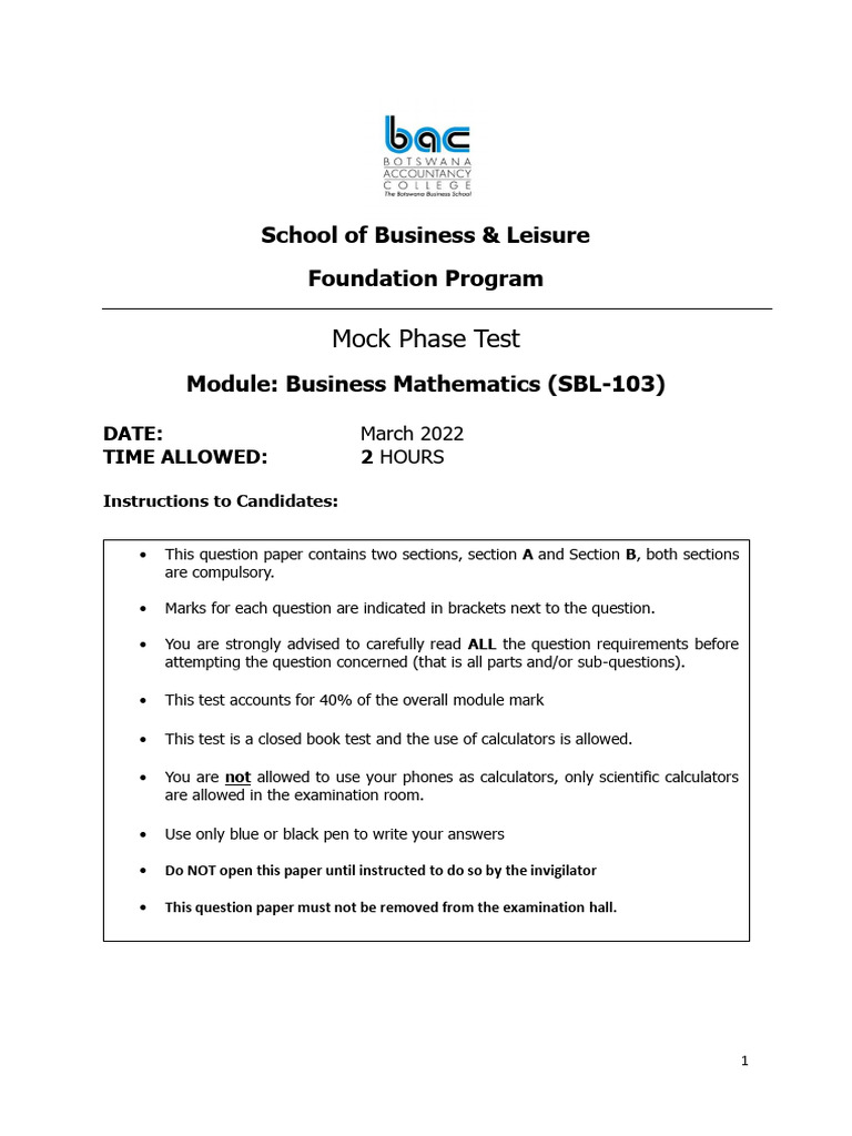 Business Mathematics Mock Test 2022 | PDF | Sampling (Statistics ...