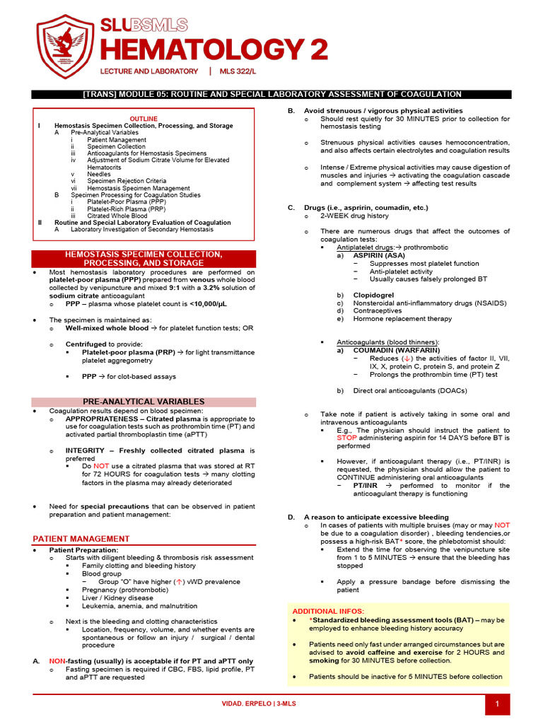 Coagulation Assessment: Specimen Handling Guide | PDF | Coagulation ...