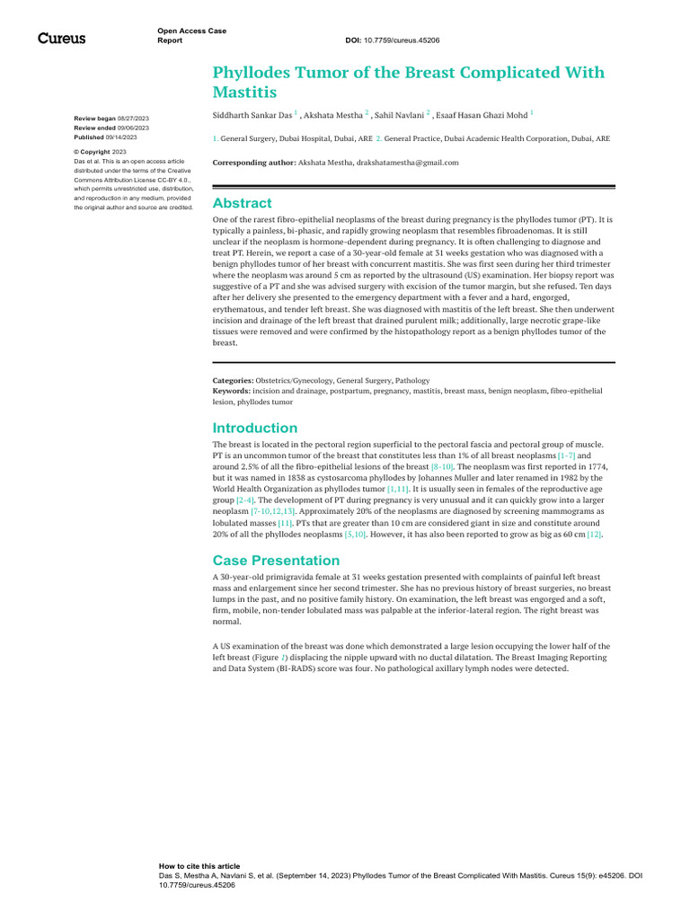Phyllodes Tumor of The Breast Complicated With Mastitis | PDF ...