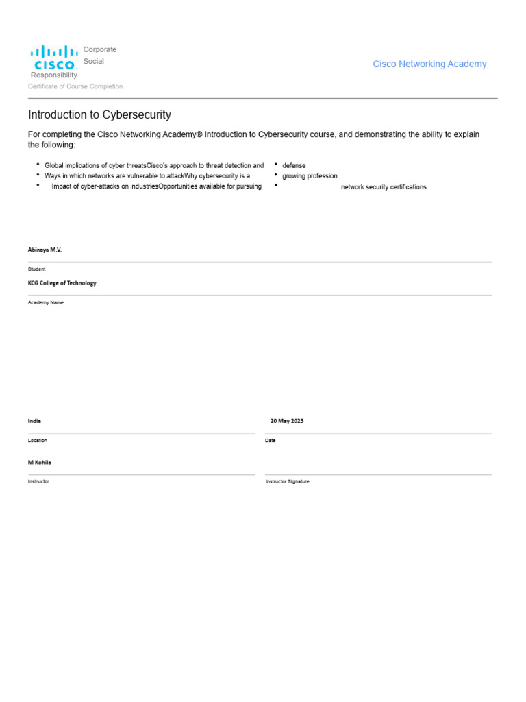 Cisco Cybersecurity Course Completion Certificate | PDF