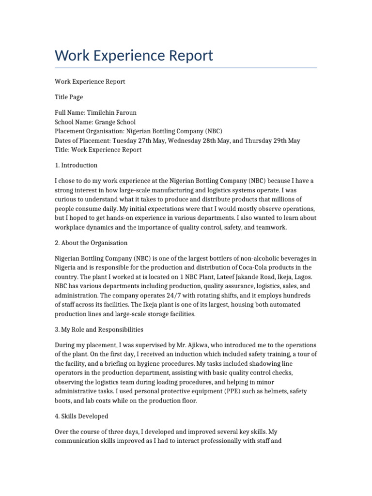 Work Experience Report Timilehin Faroun | PDF | Skill