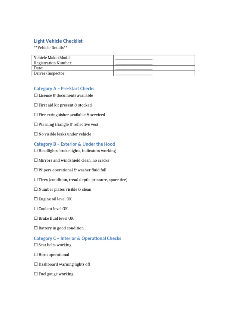 Light Vehicle Checklist | PDF