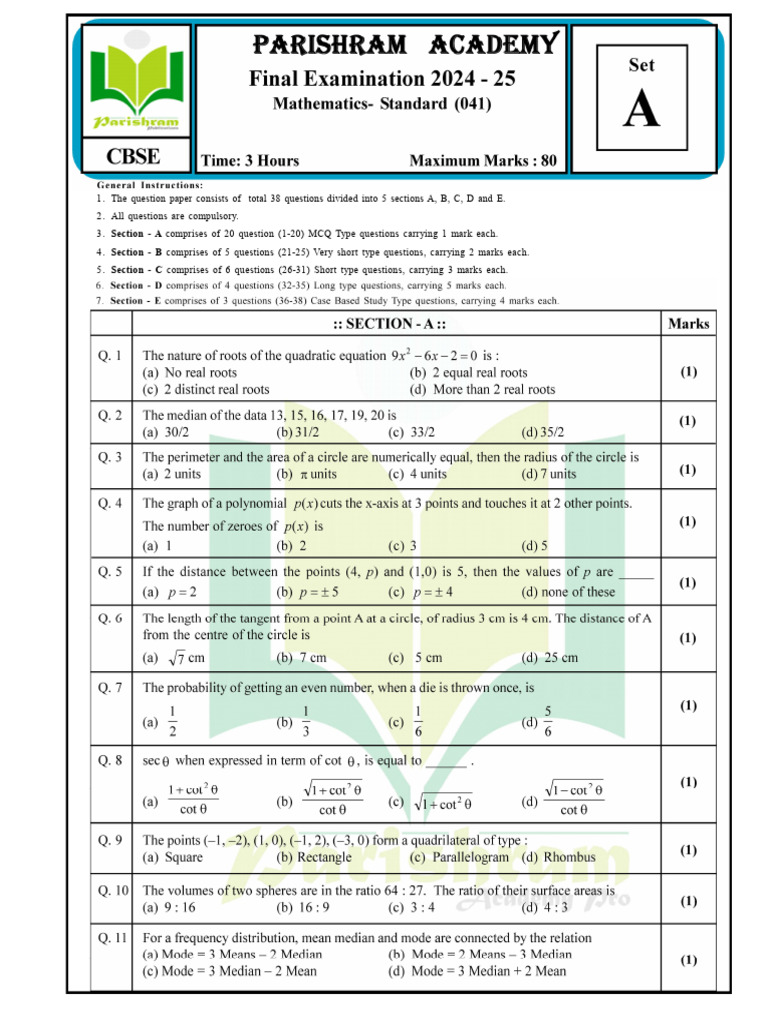 Mathematics Exam Structure and Questions | PDF | Circle | Area