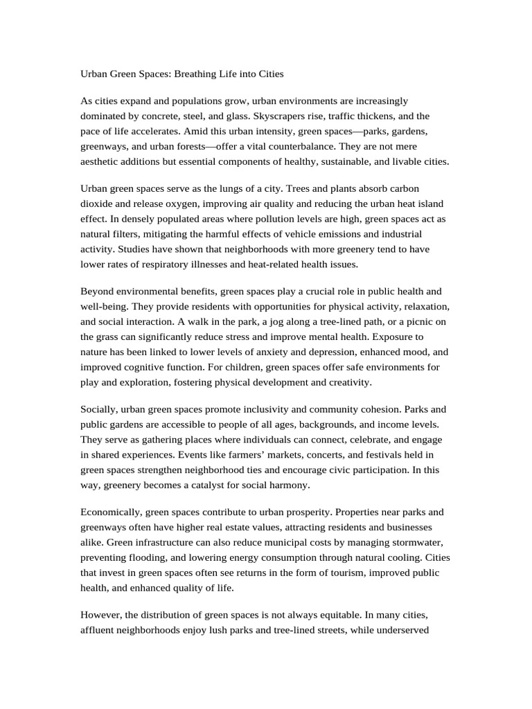 Benefits of Urban Green Spaces | PDF | Environmental Social Science ...