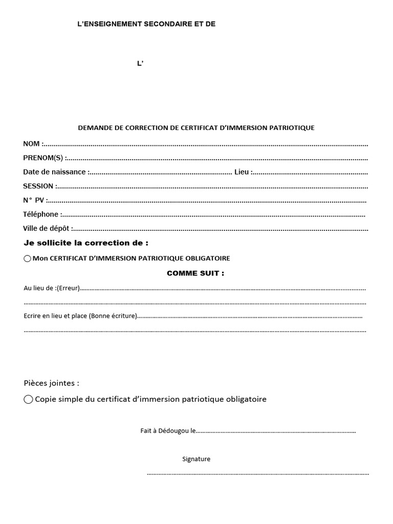 Demande de correction certificat immersion | PDF