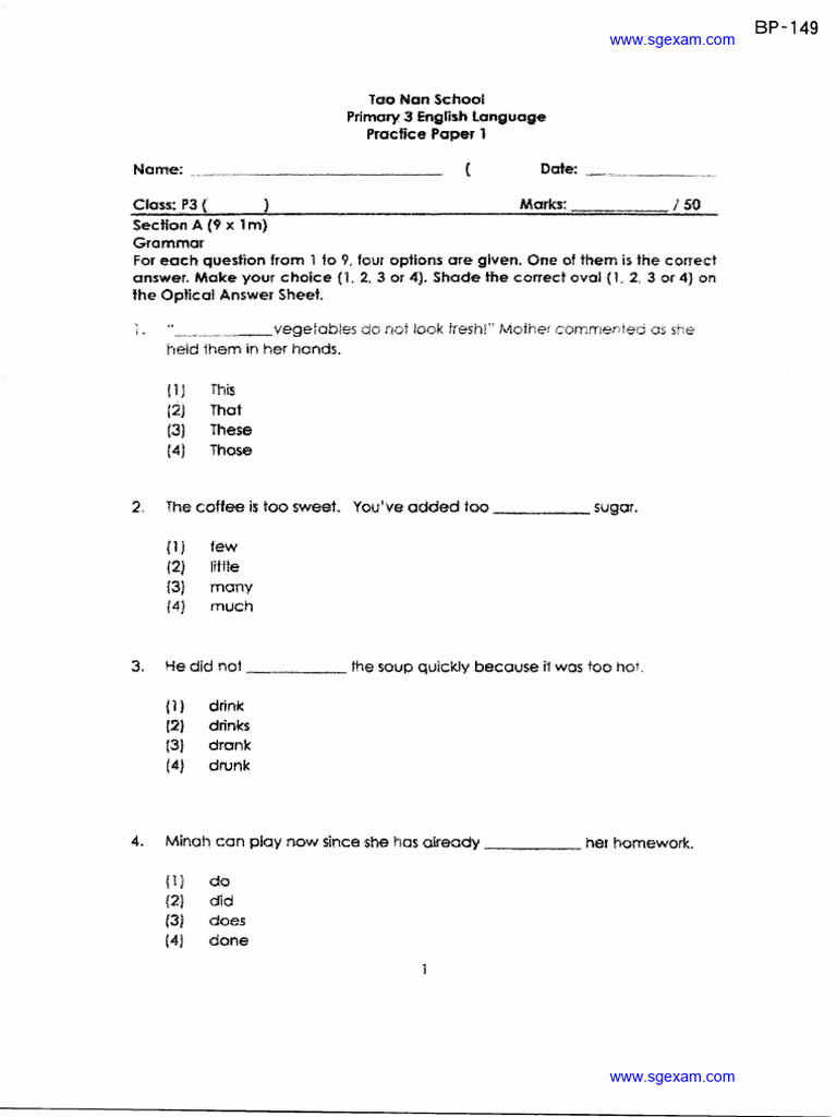 2022 P3 English Practice Paper 1 Tao Nan | PDF