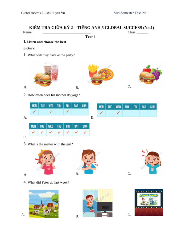 Global Success 5: Mid-Semester Test 1 | PDF