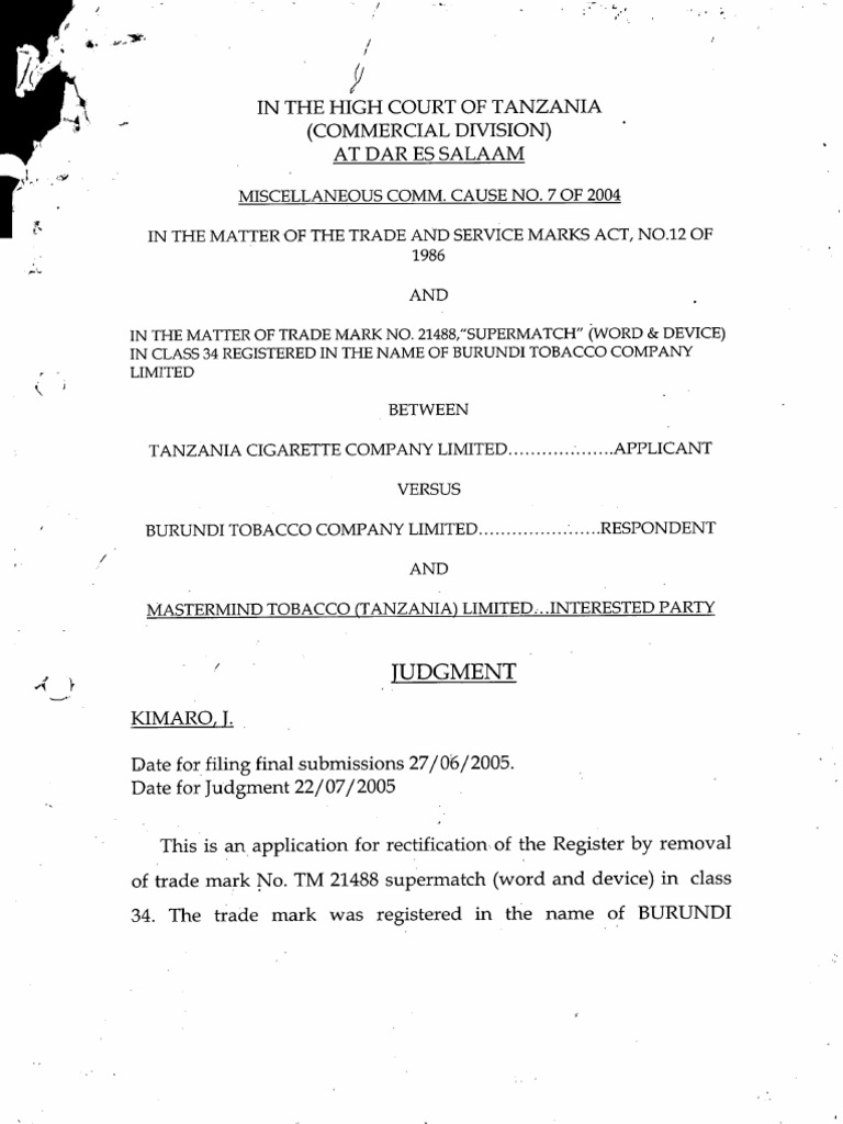 burundi tobacco company One Pager Burundi Tobacco Company Trademark Case