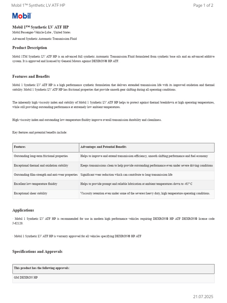 GL XX Mobil 1 Synthetic LV Atf HP | PDF | Liquids | Mechanical Engineering