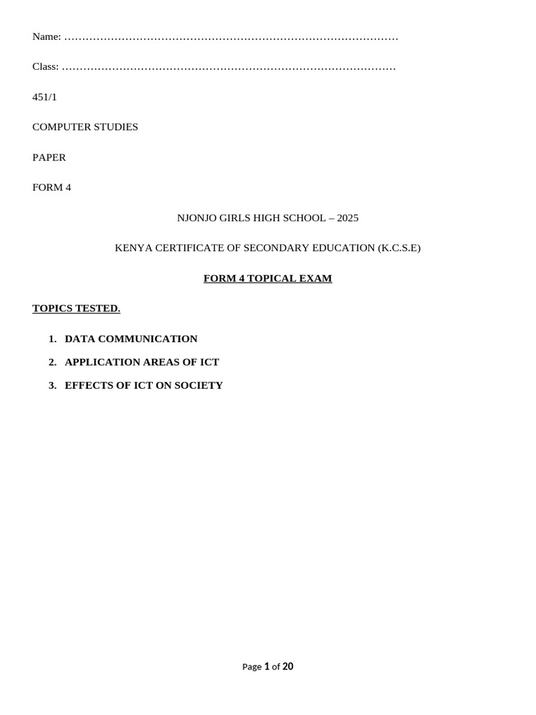 Form 4 Computer Studies Exam Guide | PDF | Computer Network | Computer ...