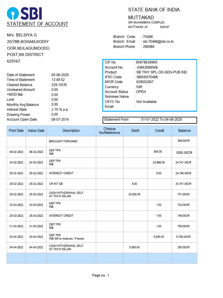 Belshiya Statement | PDF | Debit Card | Cheque