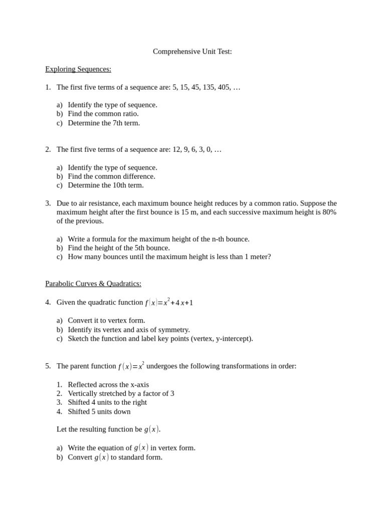 Unit Test on Sequences and Quadratics | PDF | Angle | Triangle