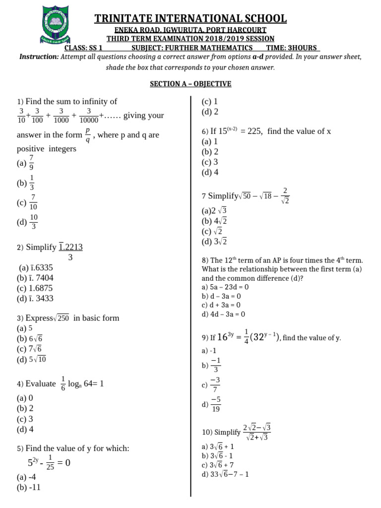 SS1 Further Mathematics Exam 2018/2019 | PDF | Mathematical Concepts ...