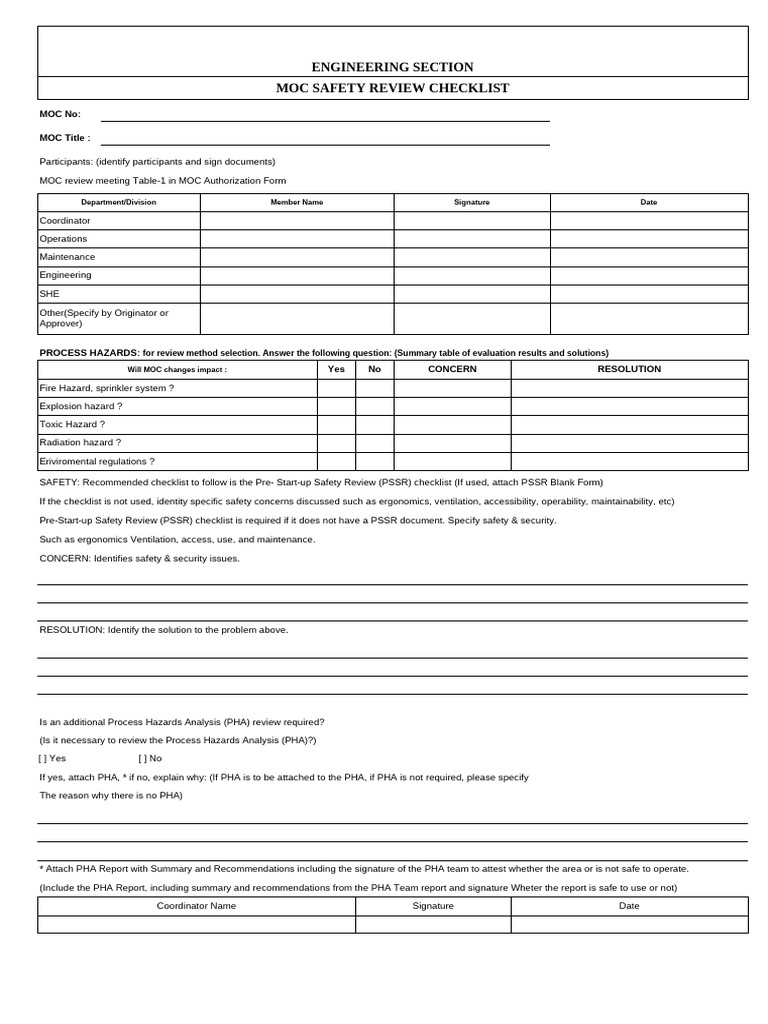 MOC Safety Review Checklist Template | PDF