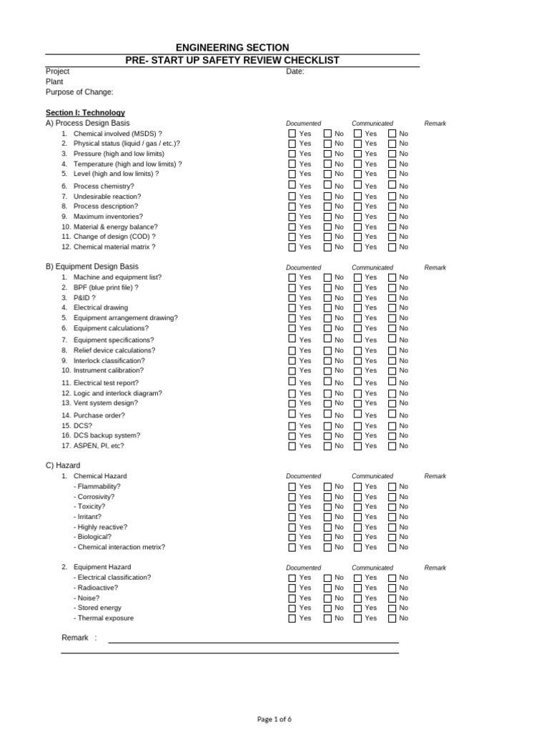 Pre-Startup Safety Review Checklist | PDF | Hazards