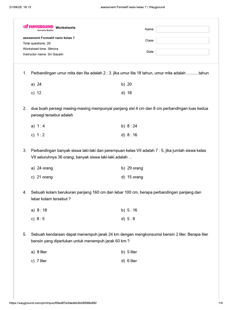 Worksheet Rasio Kelas 7: 20 Soal Latihan | PDF