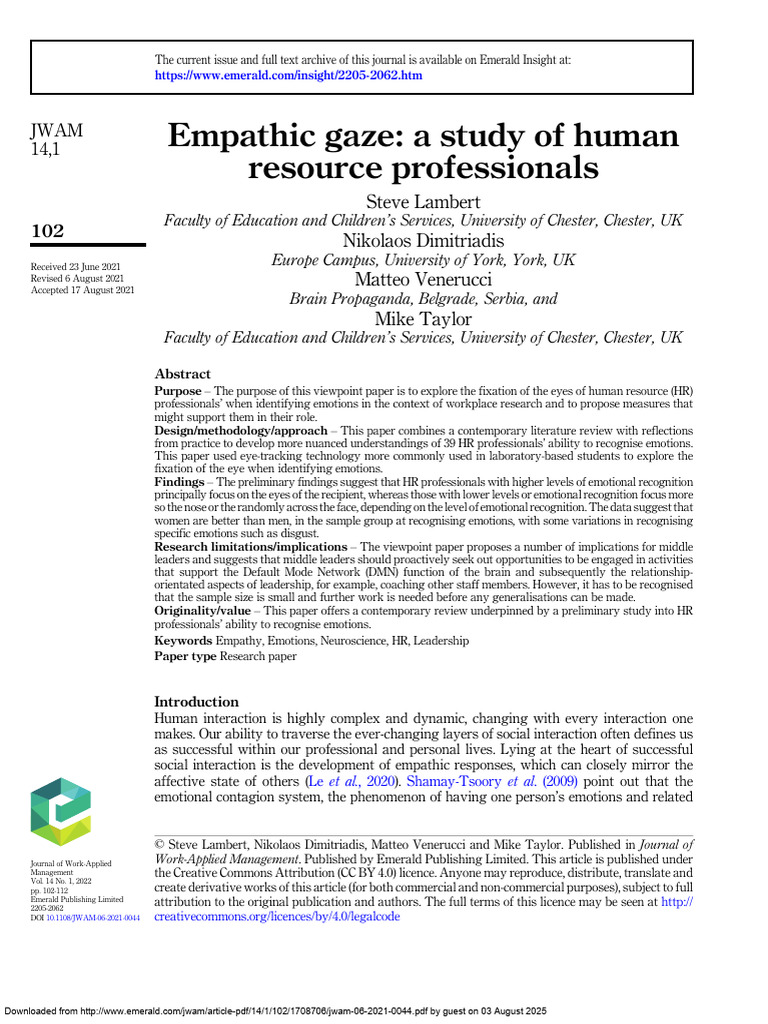 Empathic Gaze in HR Professionals | PDF | Empathy | Theory Of Mind
