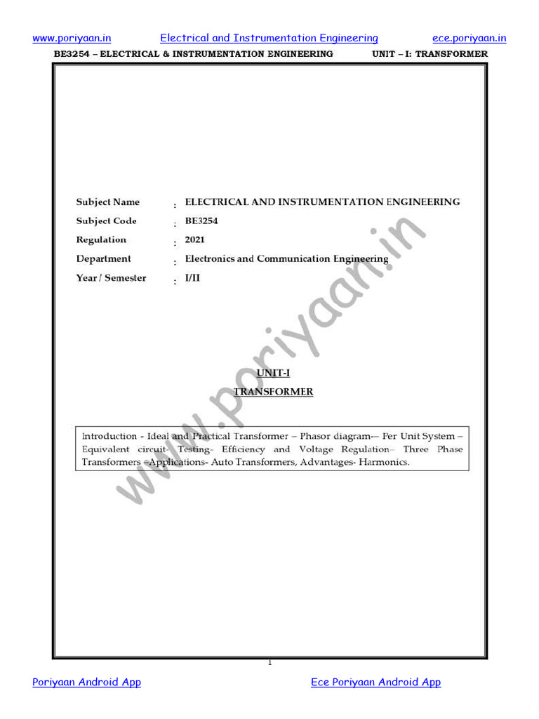 Unit I BE3254 Electrical and Instrumentation Engineering Reg2021 Notes ...