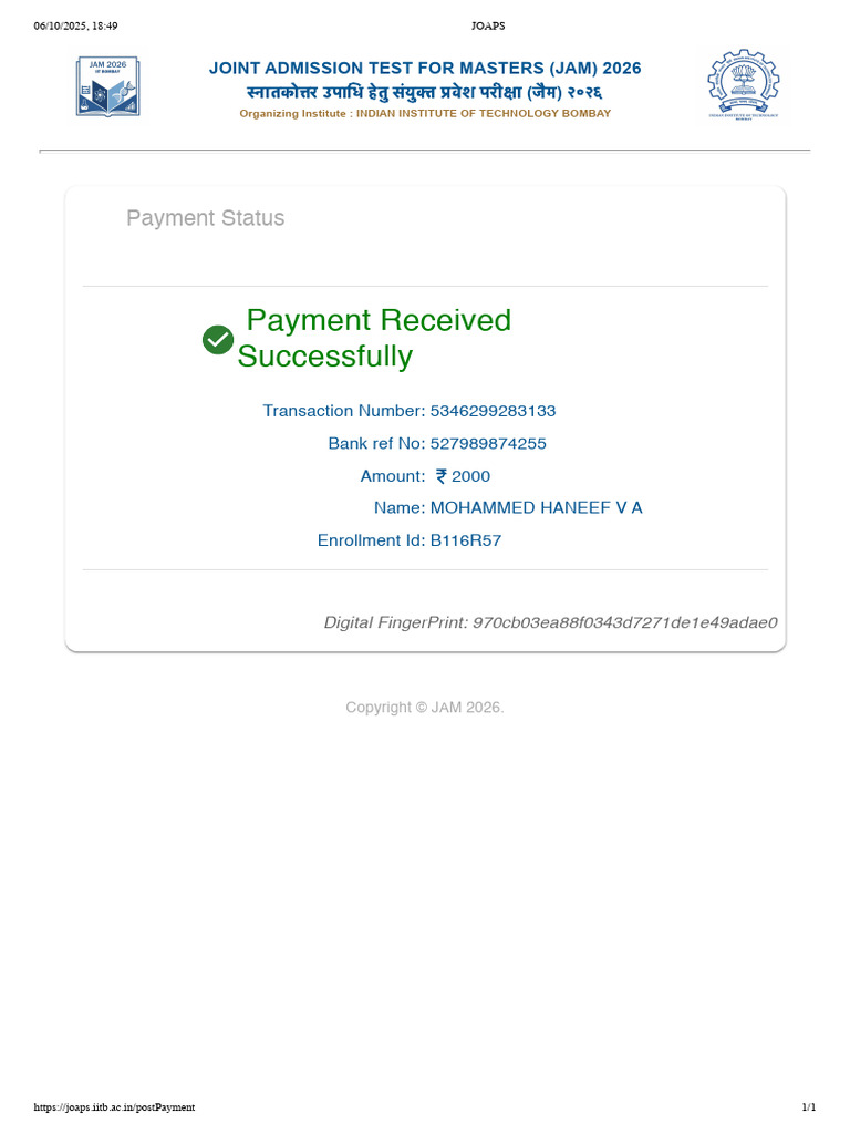JAM 2026 Admission Payment Confirmation | PDF