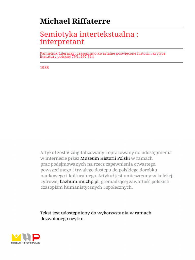 Riffaterre - Semiotyka.intertekstualna. Interpretant | PDF