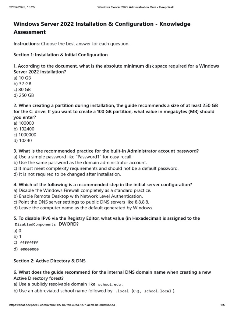 Windows Server 2022 Quiz Guide | PDF | Domain Name System | Group Policy