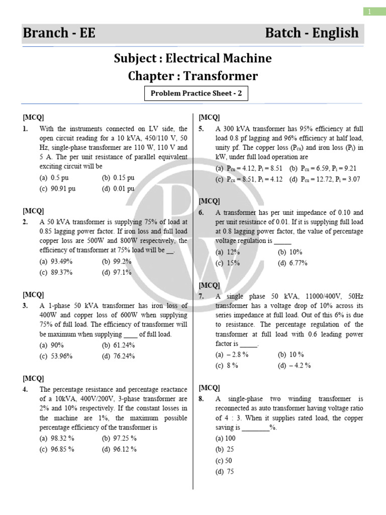Transformer MCQs for Electrical Machines | PDF | Transformer ...