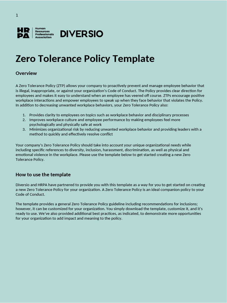 Zero Tolerance Policy Template Guide | PDF | Harassment | Bullying