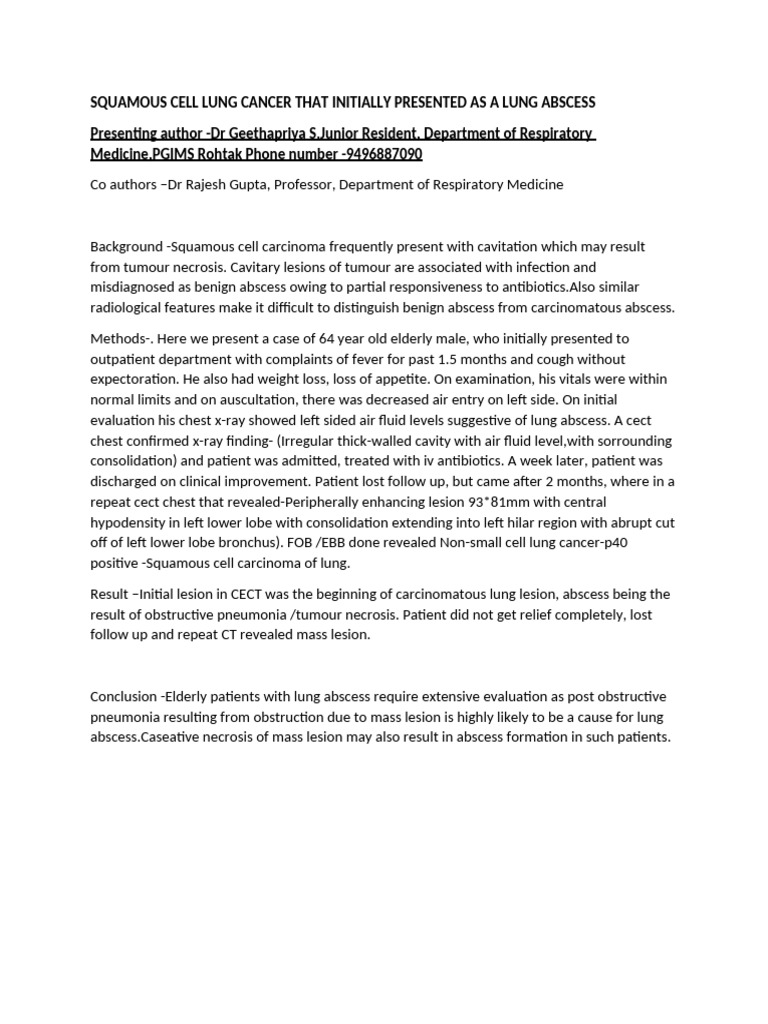 Squamous Cell Lung Cancer Misdiagnosed as Abscess | PDF
