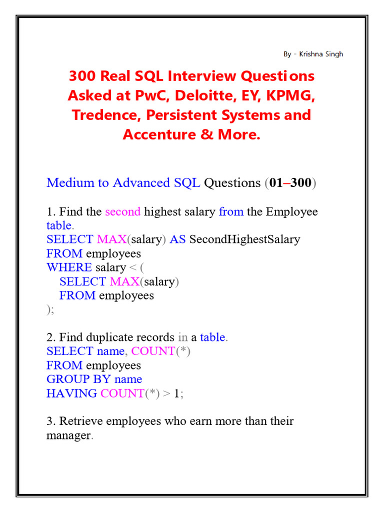 300 SQL Interview Questions for Experts | PDF | Data Management