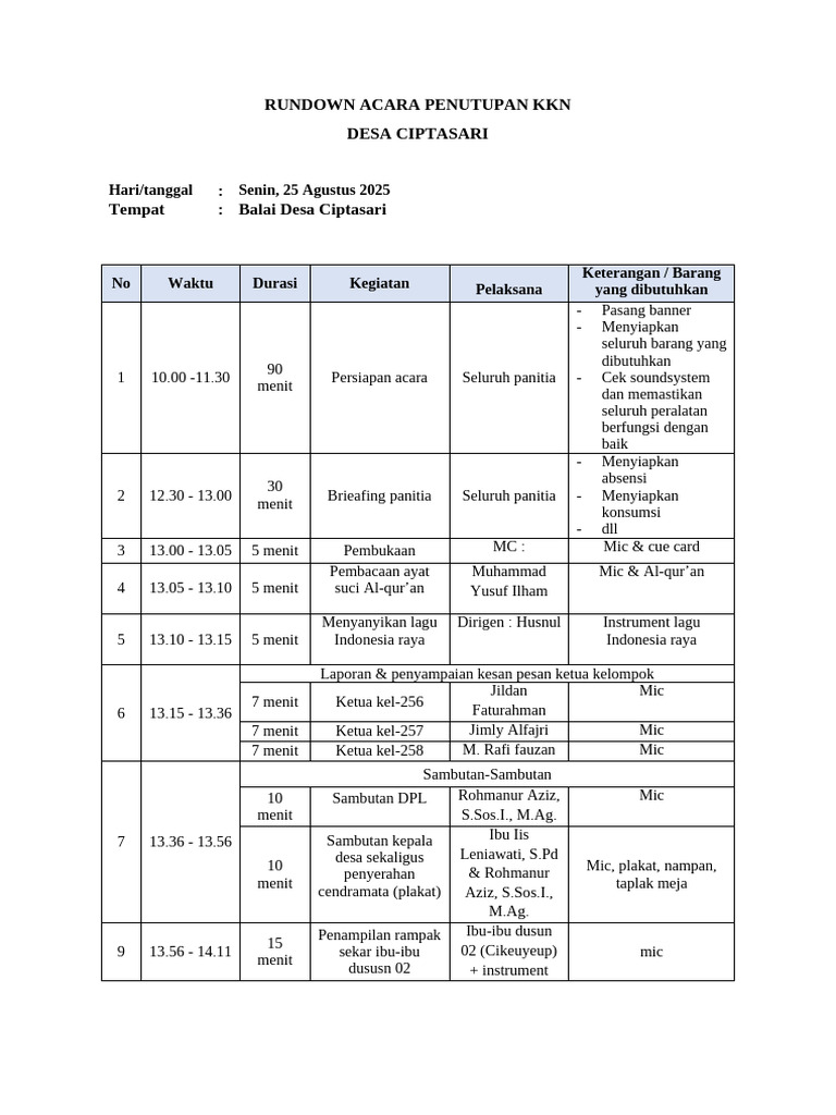 Rundown Penutupan KKN Desa Ciptasari | PDF