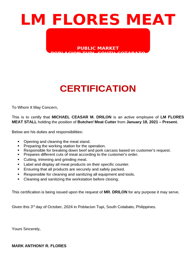 Certification of Employment for Butcher | PDF