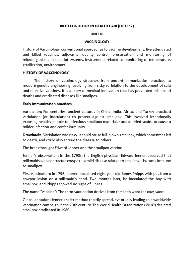 Unit 3 Vaccinology Notes | PDF | Vaccines | Smallpox