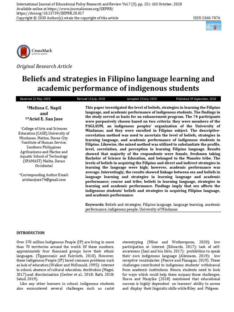 Beliefsand Strategiesin Filipino Language Learning IJEPRRSept 2020 ...